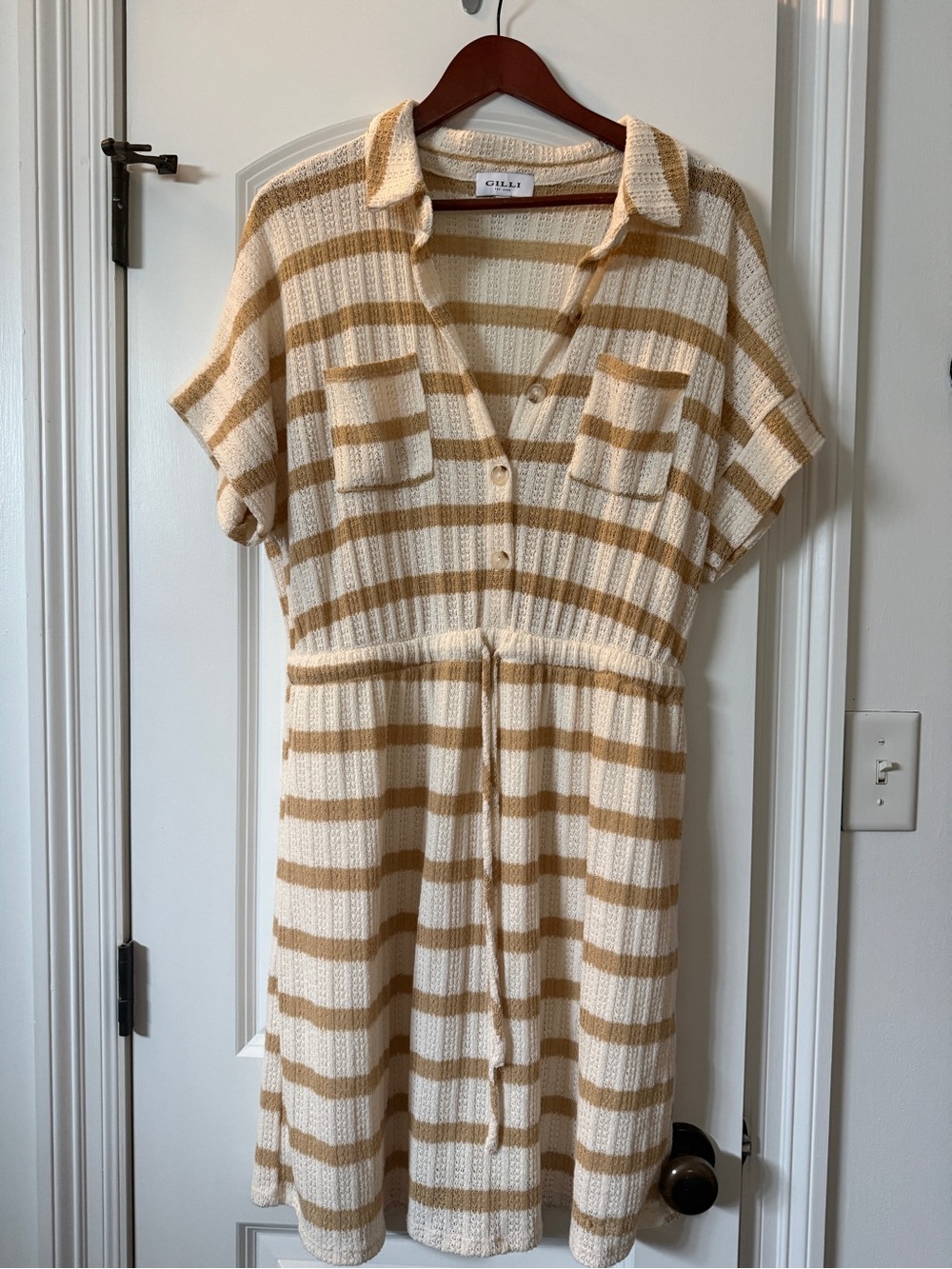 Gilli Beige & White Striped Knit Shirt Dress